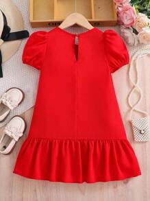 SHEIN Young Girl Woven Solid Color Round Neck Puff Sleeve Fitted Dress - Red - View 5