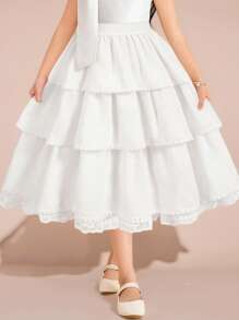 SHEIN Tween Girls' Casual White Ruffled Waist Elastic Waist Cake Skirt, Summer - Black - View 1