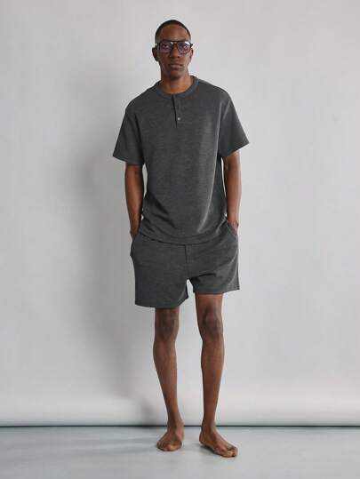 SUMWON 舒适纹理亨利短套装家居服两件套运动休闲服秋季春夏季舒适家居必需品