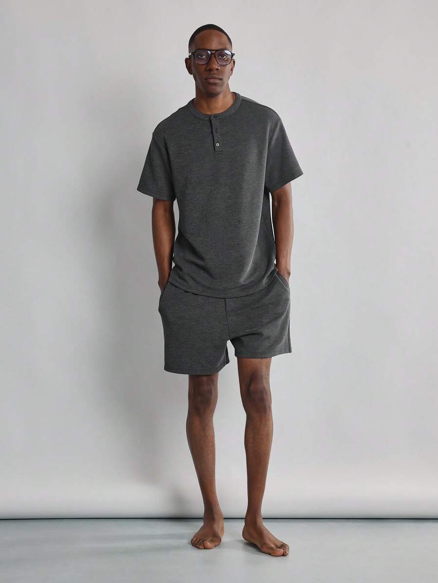 SUMWON 舒适纹理亨利短套装家居服两件套运动休闲服秋季春夏季舒适家居必需品