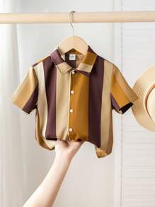 SHEIN 1pc Young Boys' Casual Preppy Comfortable & Versatile Soft Retro Stripe Pattern Short Sleeve Shirt, Suitable For Daily Wear, School, Outings, Spring/Summer - Multicolor - View 1