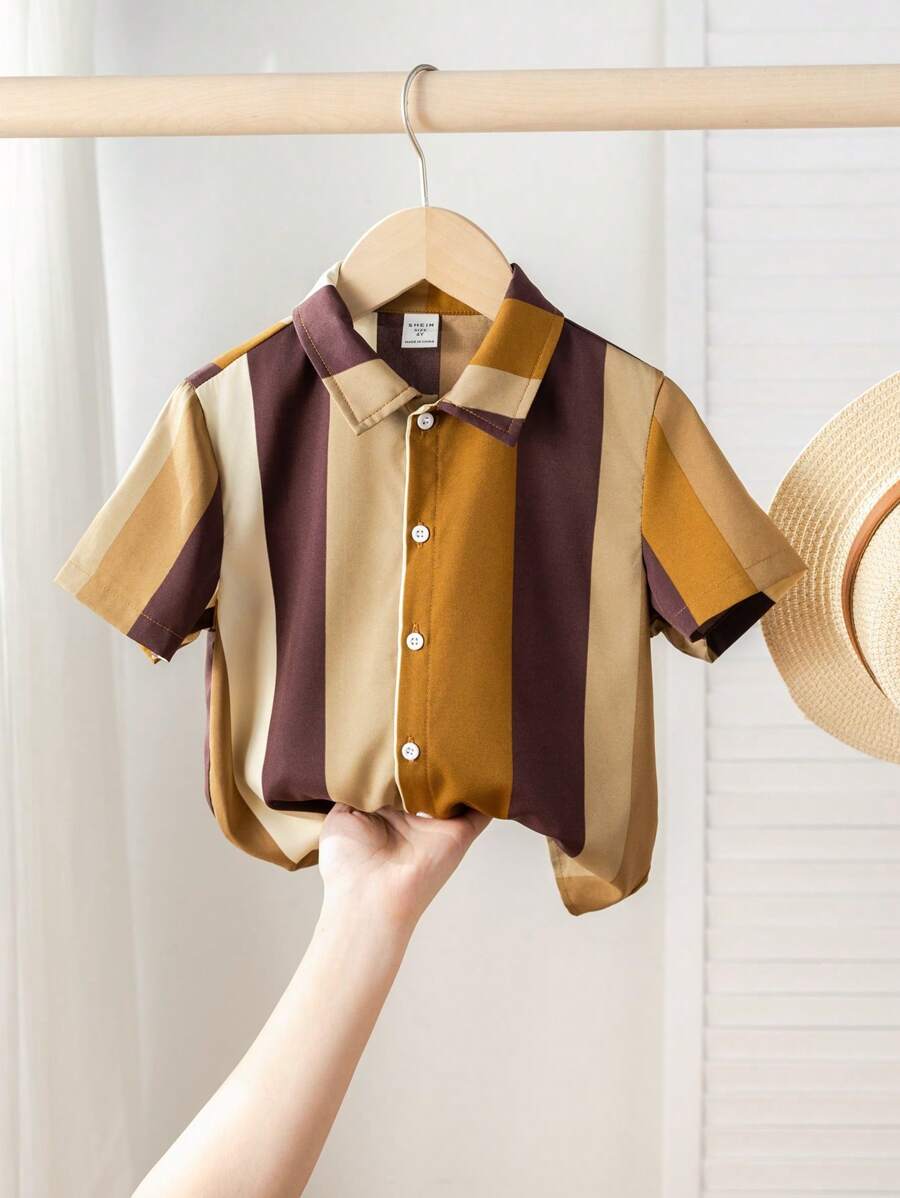 SHEIN 1pc Young Boys' Casual Preppy Comfortable & Versatile Soft Retro Stripe Pattern Short Sleeve Shirt, Suitable For Daily Wear, School, Outings, Spring/Summer - Multicolor - View 1