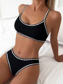 SHEIN Swim 2 件套黑白撞色贝壳边可调节肩带度假女士比基尼套装，2026 年春夏 - 黑色 - 查看 1