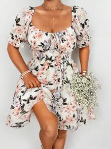 Flirla Spring Floral Print Chiffon Binding Bust Cinched Waist Flowy Puff Sleeve Dress For Women