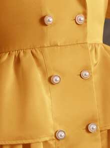 Young Girl Plain Collar Puff Sleeve Fitted Casual Dress - Gold - View 6