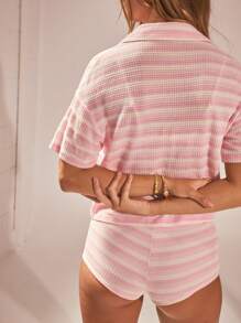 Aralina Striped Vacation Button Front Short Sleeve Collared Knit Shirt Cover Up - Pink - View 2
