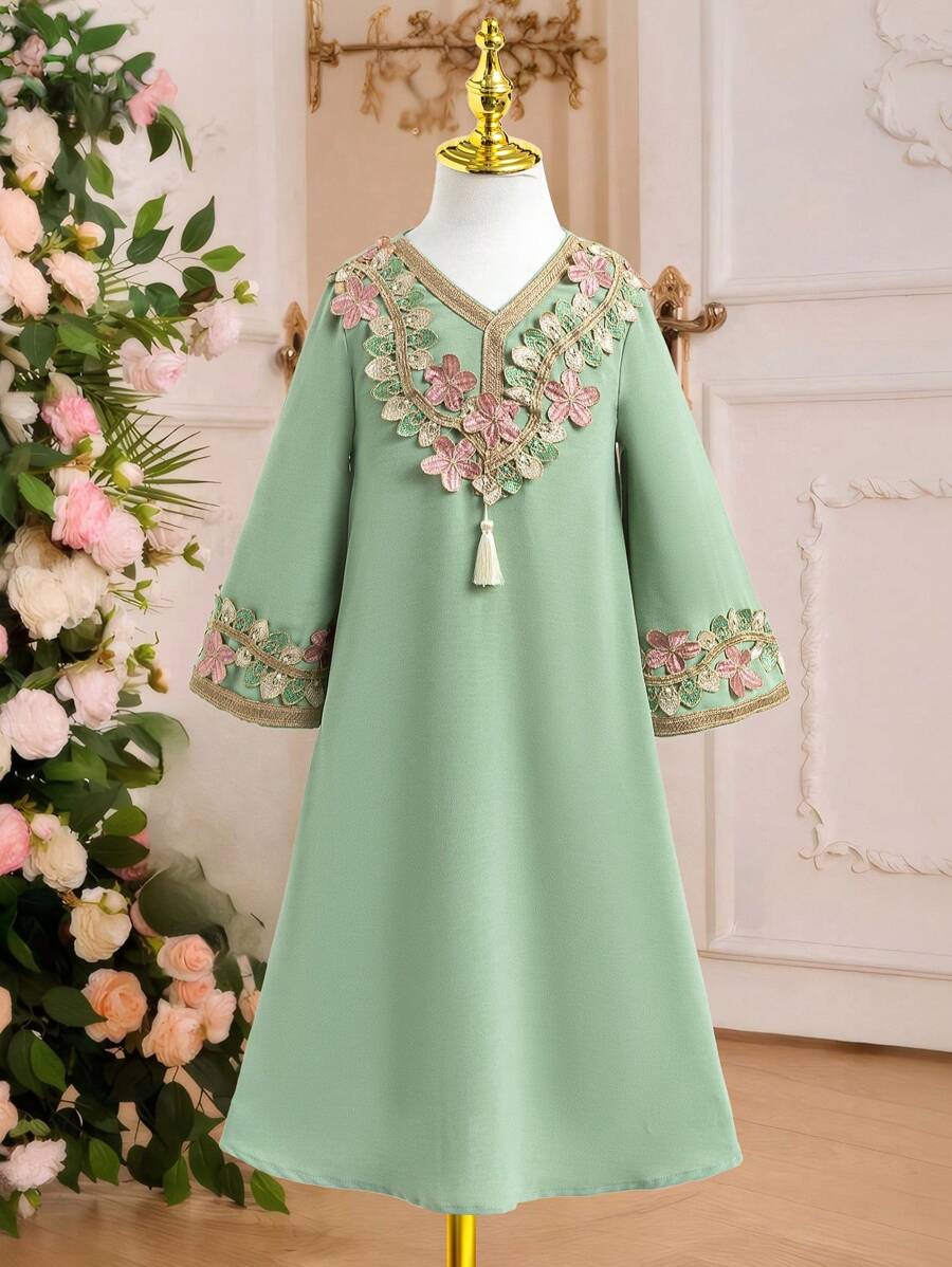 SHEIN 年轻女孩优雅刺绣补丁长裙 - 綠色 - 查看 1