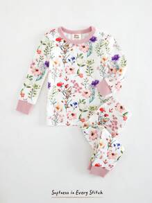 Cozy Pixies Baby Girl Floral Print Soft Knit Crew Neck Long Sleeve Top And Elastic Waist Legging 2 Pieces Pajama Set - Multicolor - View 1