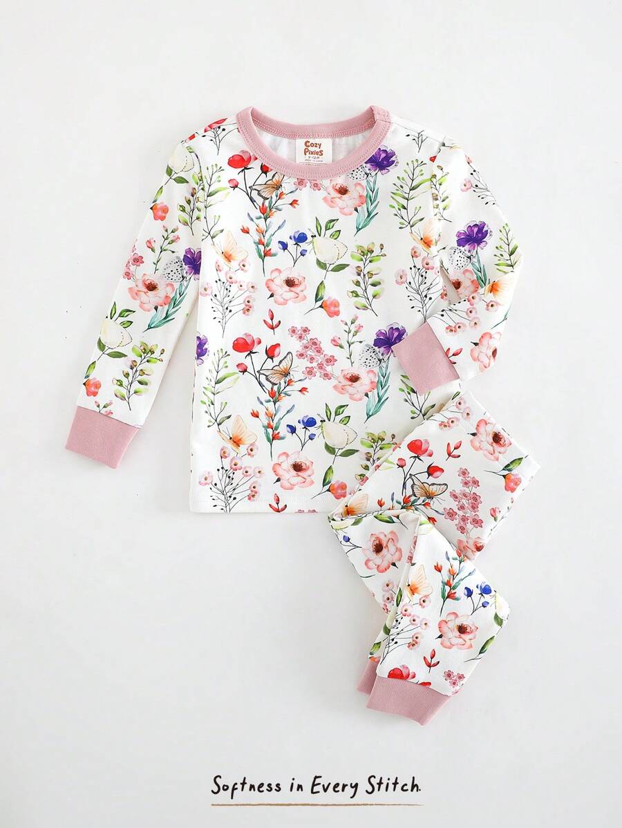 Cozy Pixies Baby Girl Floral Print Soft Knit Crew Neck Long Sleeve Top And Elastic Waist Legging 2 Pieces Pajama Set - Multicolor - View 1