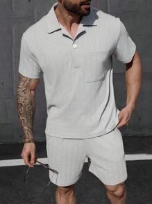 Manfinity Homme 2 件大码男士前扣短袖口袋休闲上衣和短裤套装