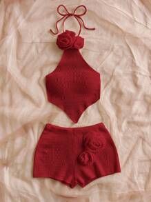 SHEIN WYWH Bộ 2 món: Áo vest hở lưng họa tiết hoa 3D thủ công & quần short siêu gợi cảm cho kỳ nghỉ - Màu Đỏ Sâu - Xem 4