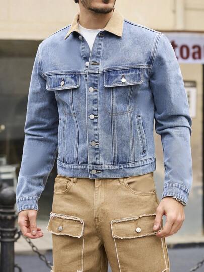Manfinity Homme 男式灯芯绒领修身蓝色牛仔夹克