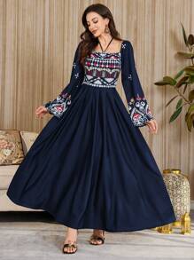 Al Najma Đầm chữ A thanh lịch cổ yếm họa tiết cổ điển cho nữ - Màu xanh hải quân - Xem 4