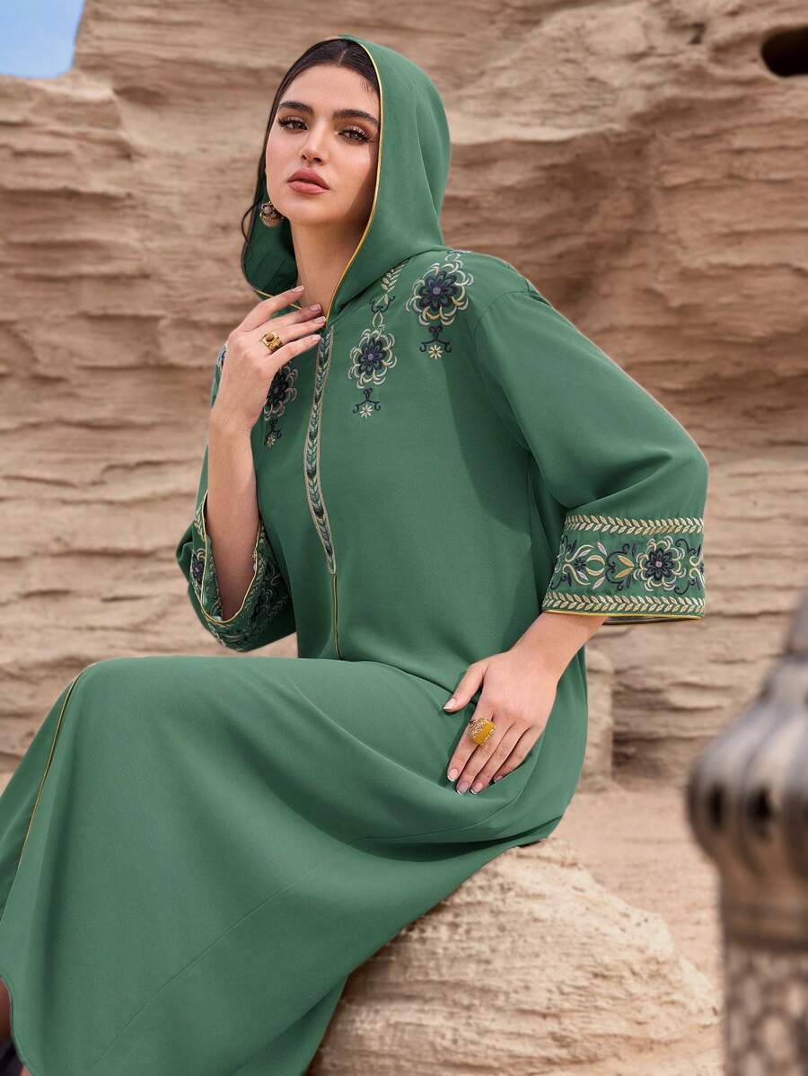 Al Najma Modest Embroidered Arabic Style Traditional Maxi Dress, Turkish Abaya, Kaftan - Green - View 1
