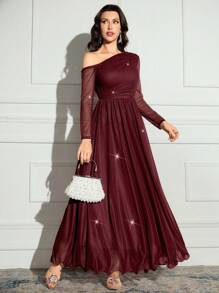 Modelyn Women's Solid Color Glitter Asymmetric Neck Long Sleeve Dress, Elegant