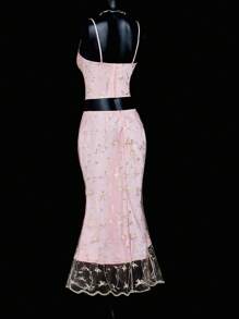 SHEIN ICON Palace-Style Embroidered Fabric Boned Bustier Top And Fish Tail Skirt 2 Pieces Set For Women - Pink - View 5