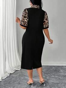 SHEIN Clasi Váy ngắn tay trên đầu gối dệt kim trơn và họa tiết da báo cỡ lớn dành cho nữ - màu đen - Xem 2