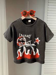 SHEIN Bolty 男童单件装休闲日韩街头风学院风雪洗印花短袖T恤，适合春夏穿着，适合大学、居家、日常、运动、生日派对、户外度假等场合，基础款，百搭简约