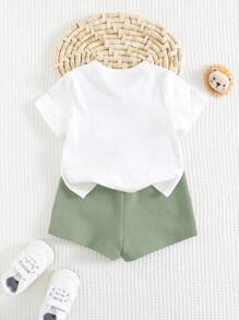 Cozy Pixies Bộ 2 món/bộ áo thun cổ tròn tay ngắn in họa tiết động vật dễ thương cho bé trai và quần short cạp chun - Nhiều màu - Xem 2