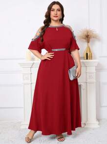 SHEIN Clasi Vestido de talla grande con mangas de mariposa, mangas con destellos, cintura calada y vuelo