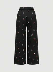 SHEIN MOD Plus Size Women's Black Ditsy Floral Elastic Waist Metal Zipper Long Pants, Concert Woman - Black - View 2