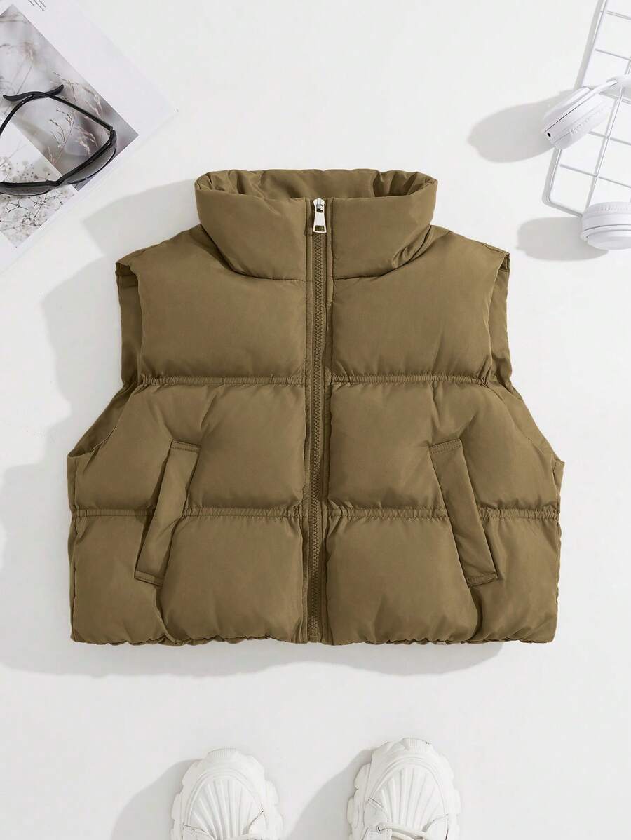 SHEIN Unity Colete de Bolso de Cor Sólida Feminino, Moda Minimalista, Adequado para o Verão - Bronze - Visão 1