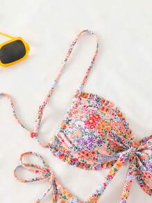 Swim Mod Beach Summer Outfits For Women, Bohemian Random Print Ruffle Edge Tie Front Top And Side Tie Bottoms Two-Piece Swimwear Set - Multicolor - View 4