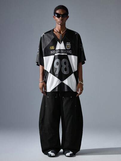 NEON BLANC Camiseta de manga corta para hombre de estilo urbano con cuello en V de punto, estampado y bordado de letra