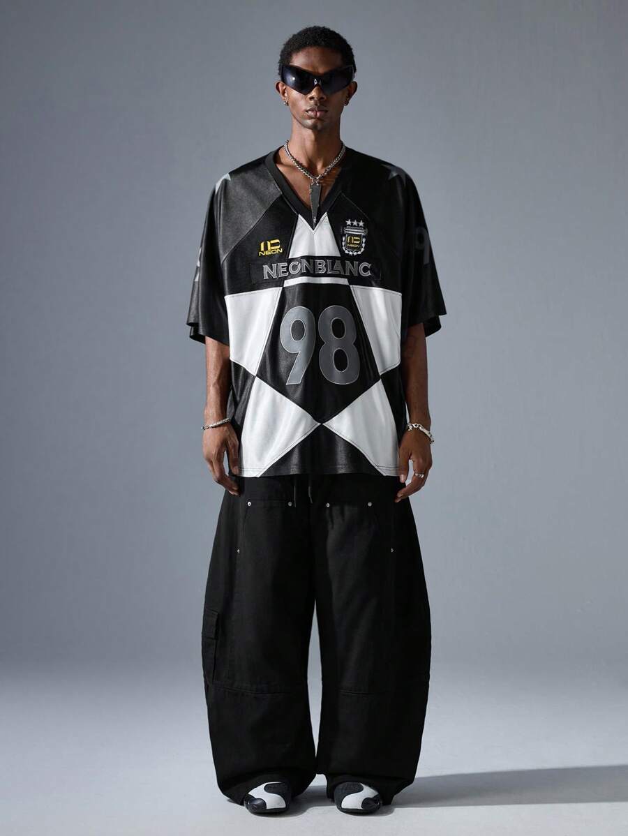 NEON BLANC Áo thun nam tay ngắn cổ chữ V thêu họa tiết phong cách đường phố - màu đen - Xem 1