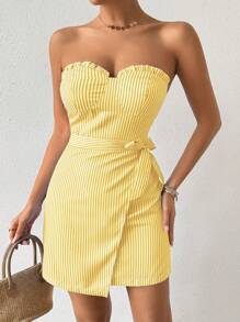 Chiquease 系带抹胸条纹蕾丝下摆迷你连衣裙 - 黃色 - 查看 4