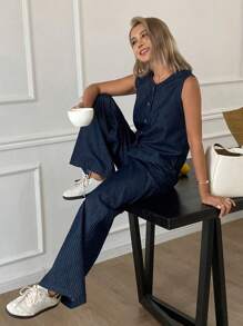 Livesso 女士休闲单排扣条纹牛仔背心和宽松阔腿裤套装 - 深色水洗藍 - 查看 3