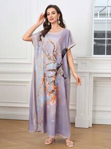 Al Najma Damen Fledermausärmel elegantes Blumenprint Arabischer Stil Kleid Damen Abendkleid Damen Maxikleider Damen Sommerkleider Damen Blumenkleid Damen Kleider in Große Größen - Grauviolett - Übersicht 2