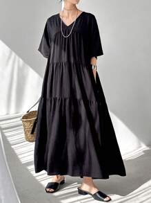 FRIFUL Women's Black Loose A-Line Dress, V-Neck Dolman Sleeve, For Summer,Ruffle