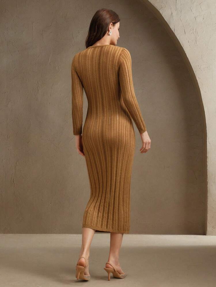 Lightweight Luxury Hollow Out Line Decor Round Neck Long Line Swim Cover Up Dress, Suitable For Spring, Festival, Beach, Vacation For Summer