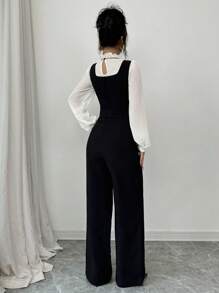 Elenzga 女式秋季拼色高腰直筒背带裤和衬衫两件套