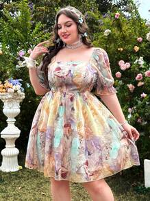 Lyrianda 大码浪漫方领花卉印花荷叶边下摆雪纺连衣裙