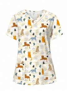 PopScrub 可爱卡通动物吉祥印花 V 领短袖口袋护士手术服上衣，手术服上衣印花 V 领磨砂手术服上衣，休闲短袖工作服，女式甜心 V 领褶皱衬衫，女式短袖 V 领护士手术服衬衫，带 2 个口袋，柔软弹力褶皱图案 T 恤春夏 - 彩色 - 查看 4