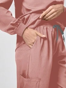 TaskEZ Solid Color Long Sleeve & Long Pants Scrub Uniform Set - Dusty Pink - View 8
