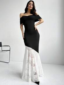 SHEIN Privé Vestido preto ombro à mostra novo com saia de retalhos de renda branca com flores, Vestido elegante feminino, adequado para temporada de casamento, vestido de dama de honra, festa, banquete, boate, passeio, volta às aulas e outras ocasiões, destacando sua beleza