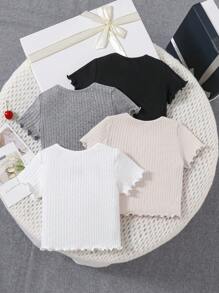 4pcs Baby Girls Casual Solid Color Frill Trim Short Sleeve Knit Top - Multicolor - View 2