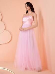 SHEIN Belle Women's Solid Color High Waist Mesh Dress,Elegant Formal Gown For Wedding Guest,Banquet,Prom,Birthday Party & Evening Events - Pink - View 4