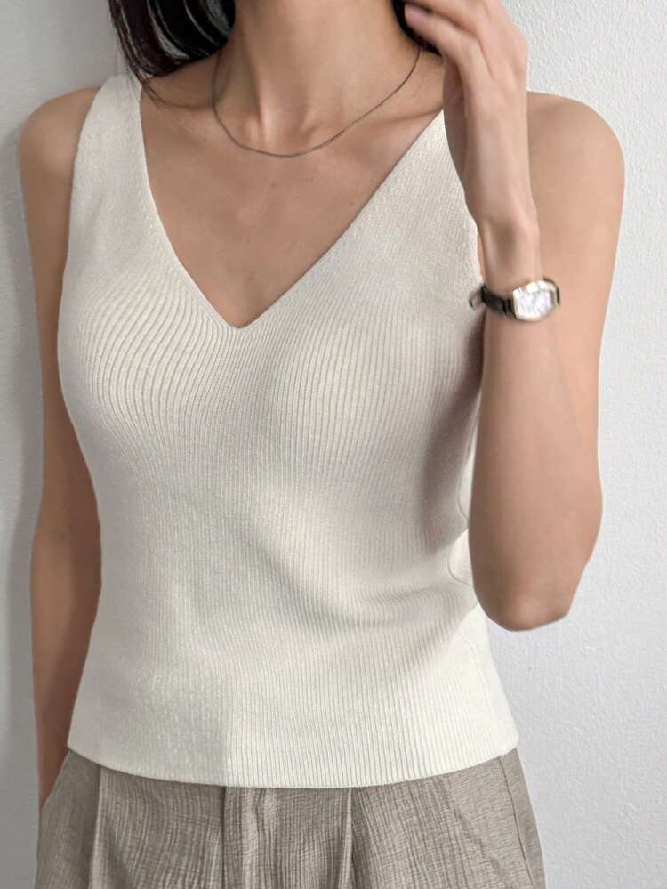 Women's Knitted Minimalist Solid Color Tank Top, Simple & Fashionable For Summer,Back To School Clothes Business Casual Woman
