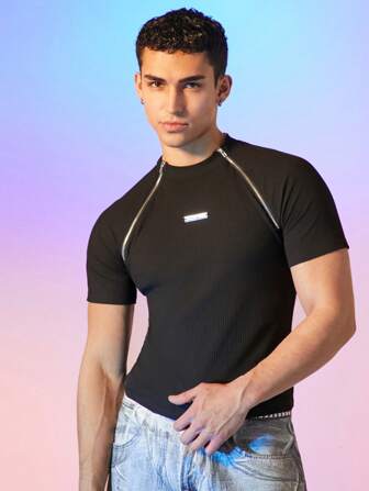 FeverCity 男女通用街头针织双拉链装饰立领修身短款 T 恤，时尚，夏季