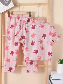 2 件套女孩少女可爱兔子印花短袖上衣和长裤休闲舒适睡衣套装 - 粉色 - 查看 2