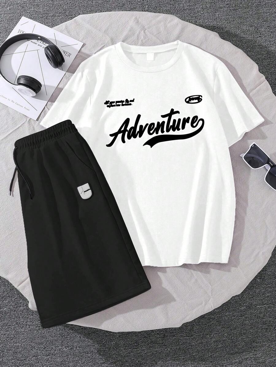 2pcs/Set Teen Boy Letter Print Crew Neck Short Sleeve T-Shirt And Shorts, Casual Outfit