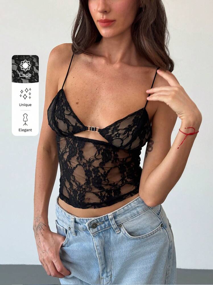 Aloruh New Sexy Lace Black Camisole Top - Black - View 8