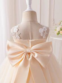 SHEIN Glamorique Kids Vestido de túle y satén para niñas pequeñas para bodas y fiestas, vestido de princesa con volantes de encaje, grandes lazos y decoración, atuendo para niña de las flores/cumpleaños/sesión fotográfica - Albaricoque - Ver 3