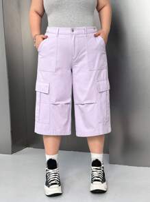 SHEIN EZwear 大码休闲纯色七分工装牛仔裤 - 淡紫色 - 查看 1