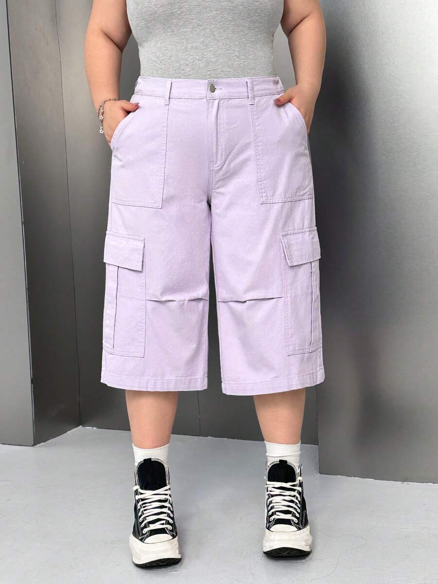 SHEIN EZwear 大码休闲纯色七分工装牛仔裤 - 淡紫色 - 查看 1