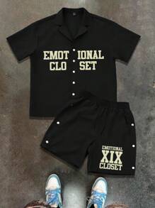 Manfinity Roghcode Men's Casual Simple Stylish Shirt Set, For Everyday Wear - Black - View 1